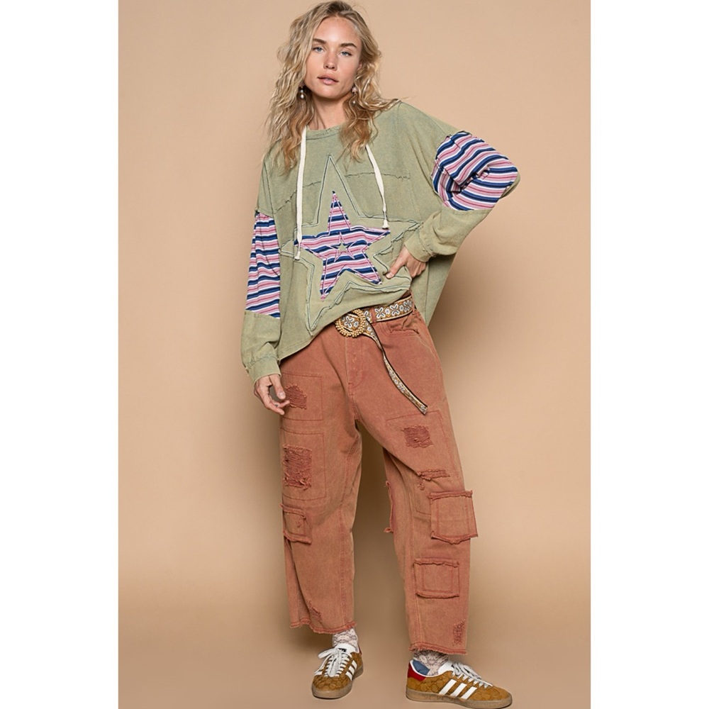 POL Star Patch Oversized Hoodie in Olive Mineral Wash - Picture 3 of 5